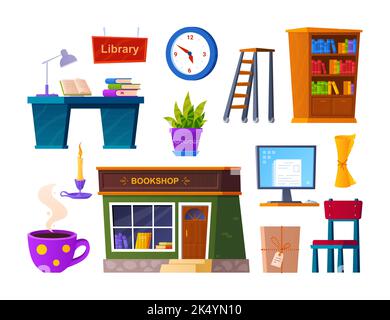 Spend time in the library - flat design style object set Stock Vector