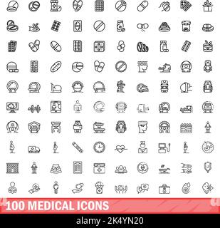 100 medical icons set. Outline illustration of 100 medical icons vector set isolated on white background Stock Vector