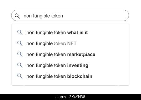 NFT non fungible token search results. NFT topic online search autocomplete suggestions. Stock Vector