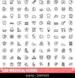 100 medical icons set. Outline illustration of 100 medical icons vector set isolated on white background Stock Vector