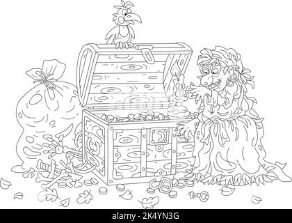 Angry witch with a burning candle checking a safety of her priceless treasures and gold coins in an old wooden chest on a dark terrible night Stock Vector
