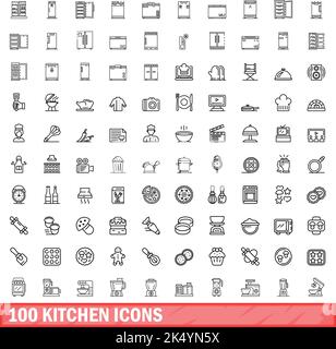 100 kitchen icons set. Outline illustration of 100 kitchen icons vector set isolated on white background Stock Vector