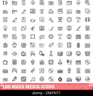 100 mass media icons set. Outline illustration of 100 mass media icons vector set isolated on white background Stock Vector