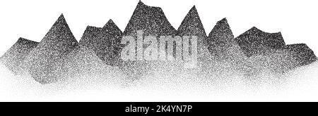 Grain stippled mountains. Dotted landscape and terrain. Black and white grainy hills in dotwork style. Noise stochastic background. Pointillism Stock Vector