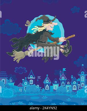 Ominous Halloween witch flying on her magic broom over a small town on a moonlit night, vector cartoon illustration Stock Vector