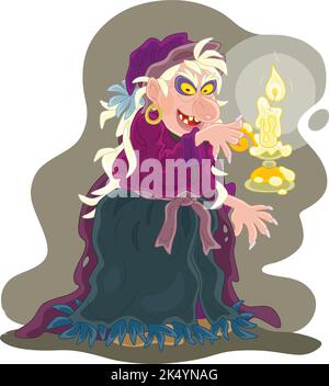 Angry witch practicing witchcraft with a burning magical candle, vector cartoon illustration isolated on a white background Stock Vector