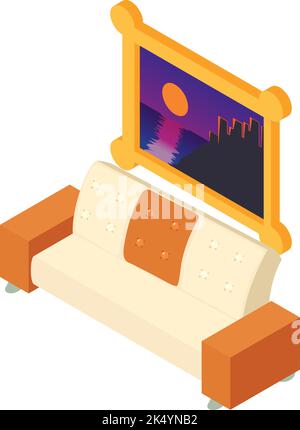 Livingroom furniture icon isometric vector. Comfortable sofa and picture on wall. Modern couche, cushioned furniture Stock Vector