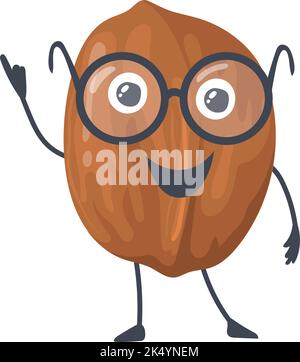Walnut character in glasses. Smart healthy nutrition mascot isolated on white background Stock Vector