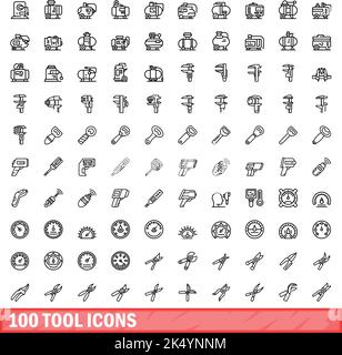 100 tool icons set. Outline illustration of 100 tool icons vector set isolated on white background Stock Vector