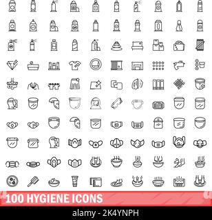 100 hygiene icons set. Outline illustration of 100 hygiene icons vector set isolated on white background Stock Vector