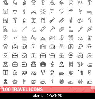 100 travel icons set. Outline illustration of 100 travel icons vector set isolated on white background Stock Vector