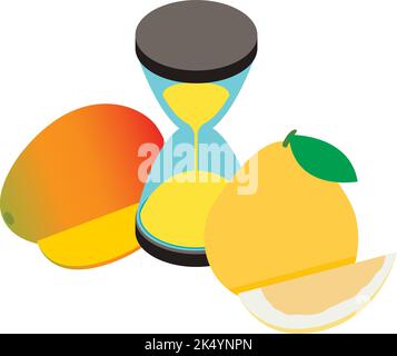 Summer time icon isometric vector. Hourglass, fresh, ripe mango and pomelo fruit. Summer food time, dessert, healthy nutrition Stock Vector
