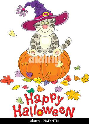 Happy Halloween card with a funny fat cat in a holiday witch hat sitting on a large orange pumpkin among colorful fallen autumn leaves Stock Vector