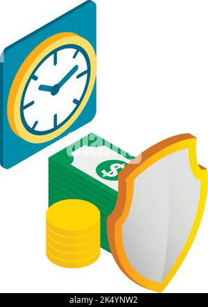 Financial insurance icon isometric vector. Clock, stack of money behind shield. Business insurance, protecting money, finance concept Stock Vector