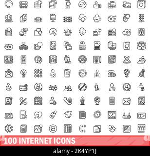 100 internet icons set. Outline illustration of 100 internet icons vector set isolated on white background Stock Vector