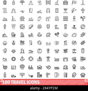 100 travel icons set. Outline illustration of 100 travel icons vector set isolated on white background Stock Vector