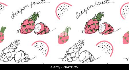 Dragon fruit, pitaya vector pattern. One continuous line art drawing dragonfruit, pitahaya pattern Stock Vector