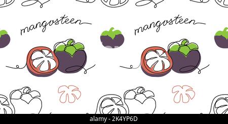 Mangosteen exotic fruit vector pattern. One continuous line art drawing pattern of mangosteen pattern Stock Vector