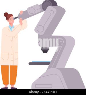 Woman looking in microscope. Female scientist. Biology research isolated on white background Stock Vector