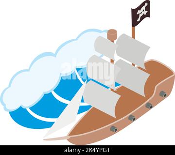 Pirate ship icon isometric vector. Vintage sailing pirate ship and big wave icon. Old vessel, historical exposition, retro water transport Stock Vector
