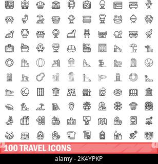 100 travel icons set. Outline illustration of 100 travel icons vector set isolated on white background Stock Vector