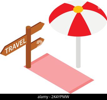 Summer vacation icon isometric vector. Beach towel, beach umbrella and road sign. Travel concept, sea holiday, tourism Stock Vector