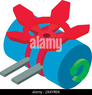 Grooving process icon isometric vector. Grooving machine and red hydrant valve. Industrial equipment, construction, manufacturing Stock Vector