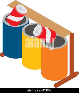Inorganic waste icon isometric vector. Two multicolored tin can in trash can. Sorting and recycle garbage, ecology concept Stock Vector