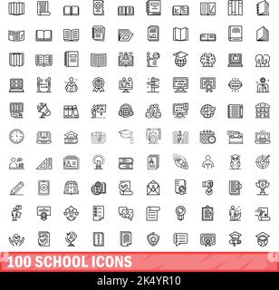 100 school icons set. Outline illustration of 100 school icons vector set isolated on white background Stock Vector