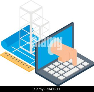 Engineering icon isometric vector. Laptop, tech documentation, building project. Building structure, construction graphic idea Stock Vector