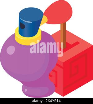 Perfume bottle icon isometric vector. Bottle of perfume and red square apple. Parfum de toilette, fruity aroma, perfumery Stock Vector