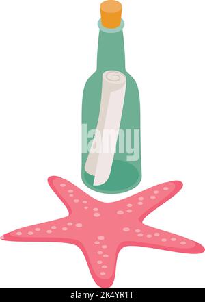 Marine find icon isometric vector. Message in bottle and underwater starfish. Marine adventure, bottle with note Stock Vector