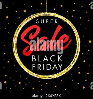 Black Friday Super Sale golden symbol. Poster with shiny ball, black background and stars. Advertisement flyer concept. Isolated abstract elements. Stock Vector