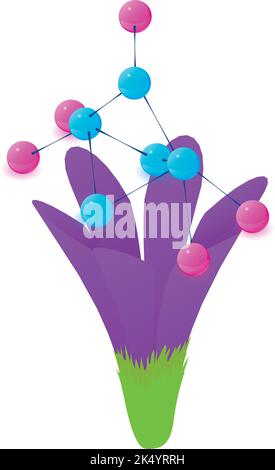 Crocus flower icon isometric vector. Bloomed purple flower and molecule icon. Biology and botany science, plant genetic engineering, biotechnology Stock Vector