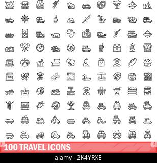 100 travel icons set. Outline illustration of 100 travel icons vector set isolated on white background Stock Vector