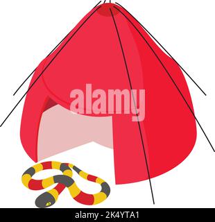 Coral snake icon isometric vector. Bright milk snake near open red camping tent. Camping, ecotourism, summer rest, recreation, danger