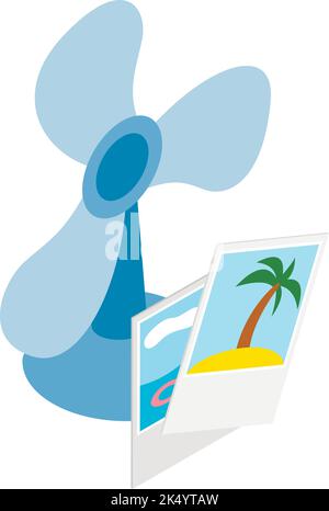 Marine vacation icon isometric vector. Blue table fan and colorful summer photo. Summer rest, sea holiday, tourism Stock Vector