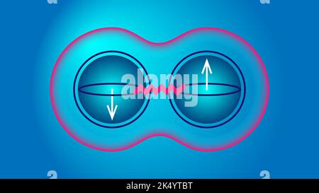 Entanglement of quantum qubits in superposition, scematic bloch spheres representation, measured state, visualisation of concepts of quantum coputing Stock Vector