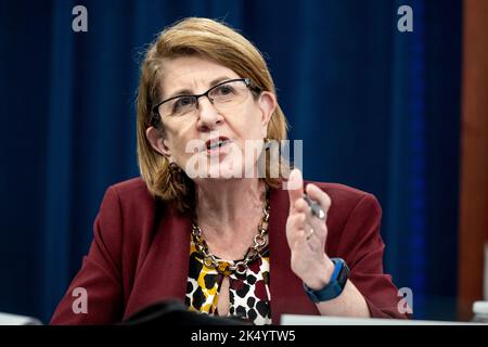 Arlington, United States Of America. 03rd Oct, 2022. Arlington, United States of America. 03 October, 2022. U.S. Director of Military Compensation Jeri Busch responds to a question during a briefing on economic security in the military community at the Pentagon, October 3, 2022 in Arlington, Virginia. Credit: TSgt. jack Sanders/DOD/Alamy Live News Stock Photo