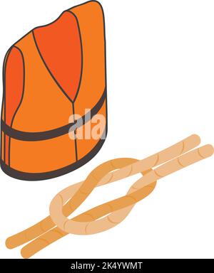 Sea equipment icon isometric vector. Orange life jacket, rope with nautical knot. Marine theme, seafaring Stock Vector