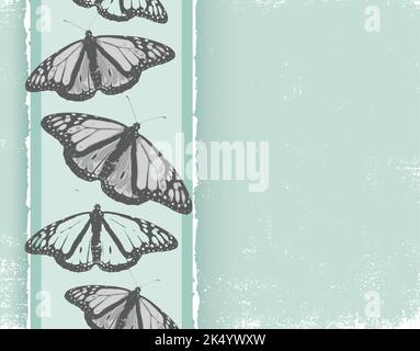 Grayscale butterflies in a vertical column on a light teal grunge background Stock Vector