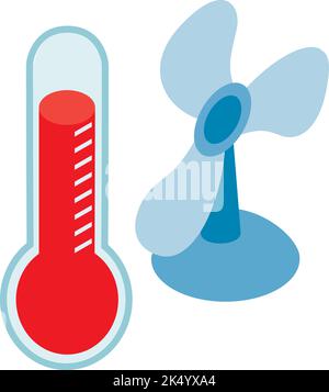Hot summer icon isometric vector. Blue table fan and red hot thermometer icon. Dry weather, high temperature, global warming Stock Vector