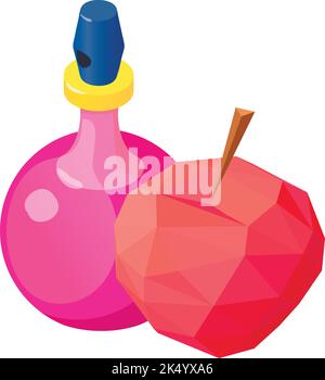 Female perfume icon isometric vector. Bottle of perfume and red apple polygonal. Parfum de toilette, fruity aroma, perfumery Stock Vector