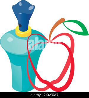 Perfume product icon isometric vector. Bottle of perfume and red apple symbol. Parfum de toilette, fruity aroma, perfumery Stock Vector