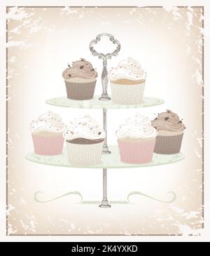 A variety of cupcakes on a serving dish made of textures and soft colors Stock Vector