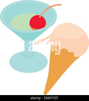 Cafe service icon isometric vector. Glass of martini, ice cream in waffle cone. Dessert, sweet food, alcoholic drink Stock Vector