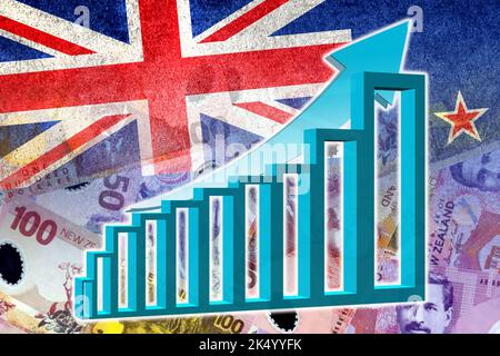 Economy graph: rising arrow, New Zealand flag and cash New Zealand dollar bills Stock Photo