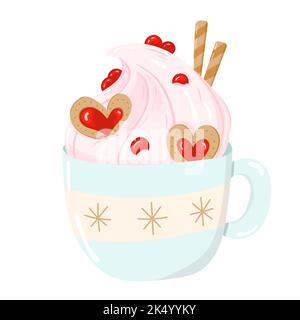 Christmas Hot chocolate or coffee with whipped cream and waffle rolls. Vector illustrations in cartoon style. Tasty warm drink Stock Vector