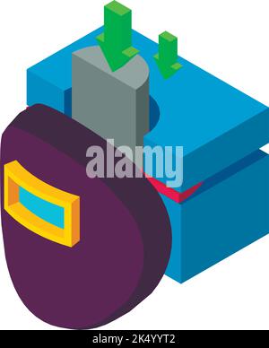 Industrial production icon isometric vector. Hydraulic press machine, welder mask. Professional equipment, construction, manufacturing Stock Vector