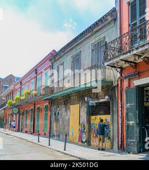 NEW ORLEANS, LA, USA - JUNE 20, 2020: Cityscape of French Quarter featuring Preservation Hall and Pat O'Brien's on St. Peter Street Stock Photo